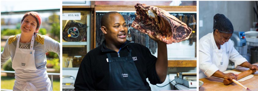 Image of staff standing outside, working with meat and pastry