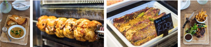 Image of food, soup, rotisserie chicken, marinating meat and fillet with chips