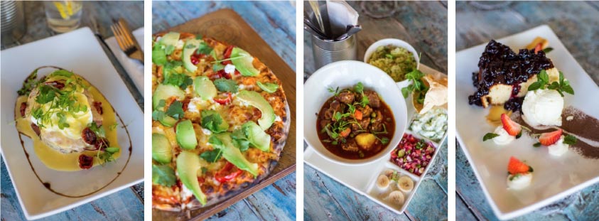 Image of a poached egg dish, pizza with avo, stew and desert, all magnificently presented